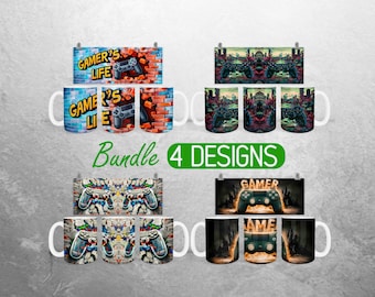Emballage de tasse de jeu vidéo 3D PNG Player Gamer Tasse de 11 oz et 15 oz Design par sublimation Contrôleur de jeu Motifs d'emballage de tasse de tasse complète Emballage de tasse PNG