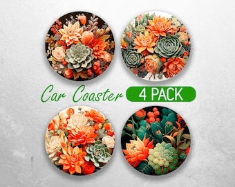 Dessous de verre floraux en voiture PNG Dessous de verre en forme de voiture succulente Designs par sublimation Ensemble de sous-verres de voiture cactus et plantes fleuries Designs de dessous de verre en voiture
