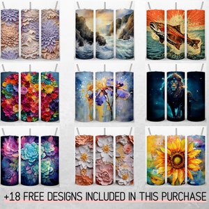 May include: A set of 18 sublimation designs featuring various colorful floral patterns, a lion in a starry sky, a fish jumping out of water, and a sunflower. These designs are perfect for creating custom tumblers, mugs, and other personalized items.