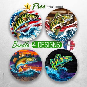 Walleye Fishing Car Coaster PNG Bundle Angler Fisherman Coaster Sublimation Designs Patriotic Fish Coaster Designs