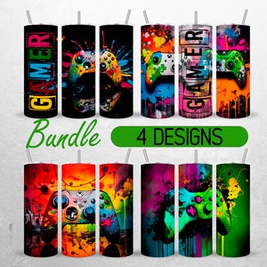 May include: Bundle of four 20 oz. tumbler designs featuring a colorful abstract background with a video game controller. The text "GAMER" is featured on two of the designs.
