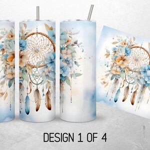 May include: A watercolor design featuring a dreamcatcher with feathers and blue and orange flowers on a light blue background.  The design is on a white tumbler with a straw.