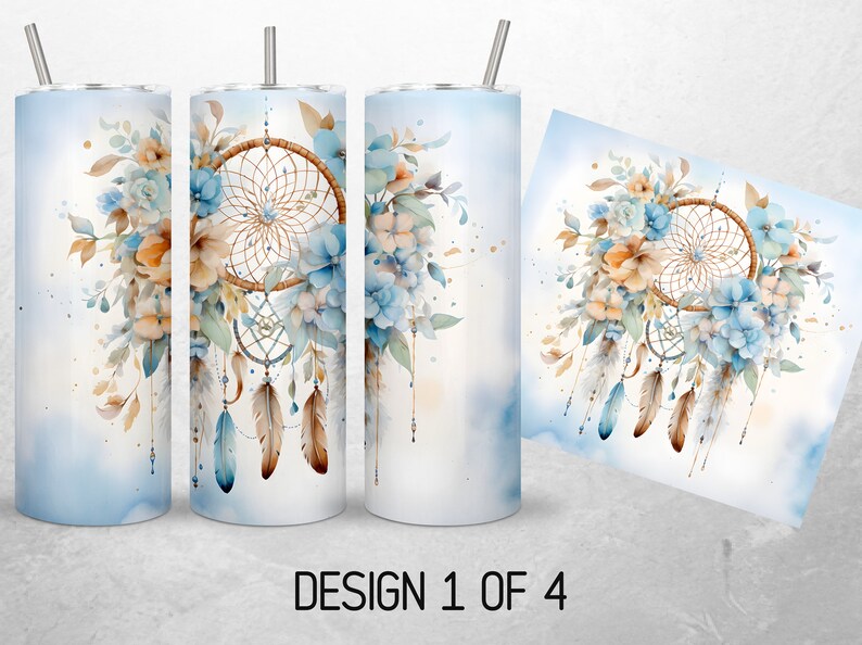May include: A watercolor design featuring a dreamcatcher with feathers and blue and orange flowers on a light blue background.  The design is on a white tumbler with a straw.