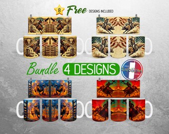 Western Rodeo Bull Mug Wrap Bundle American Cowboy Mug PNG Design Bull Rider USA Full Mug Wrap | 11oz and 15oz Mug Sublimation
