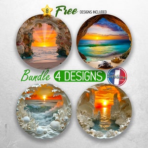 May include: A set of four round sublimation designs featuring a beach scene with a sunset, waves, and seashells. The designs are perfect for creating custom mugs, coasters, or other home decor items.
