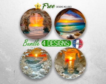 Summer Beach Car Coaster PNG Bundle Ocean Sea Shells Coaster Png Sublimation Sunset Beach Round Coasters PNG Designs Sublimation