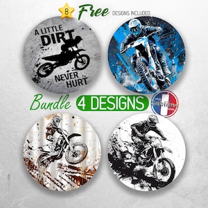 May include: A set of four round stickers featuring motocross riders. The stickers have a grunge-style background with black and white illustrations of riders on dirt bikes. One sticker has the text "A little dirt never hurt".