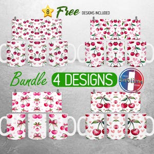 Coquette Ribbon Bow Mug Wrap Bundle Cherry Pink Mug PNG Design Girly Girl Full Mug Wrap | 11oz and 15oz Mug Sublimation