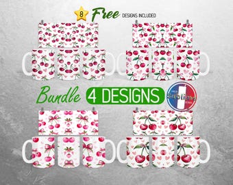 Coquette Ribbon Bow Mug Wrap Bundle Cherry Pink Mug PNG Design Girly Girl Full Mug Wrap | 11oz and 15oz Mug Sublimation