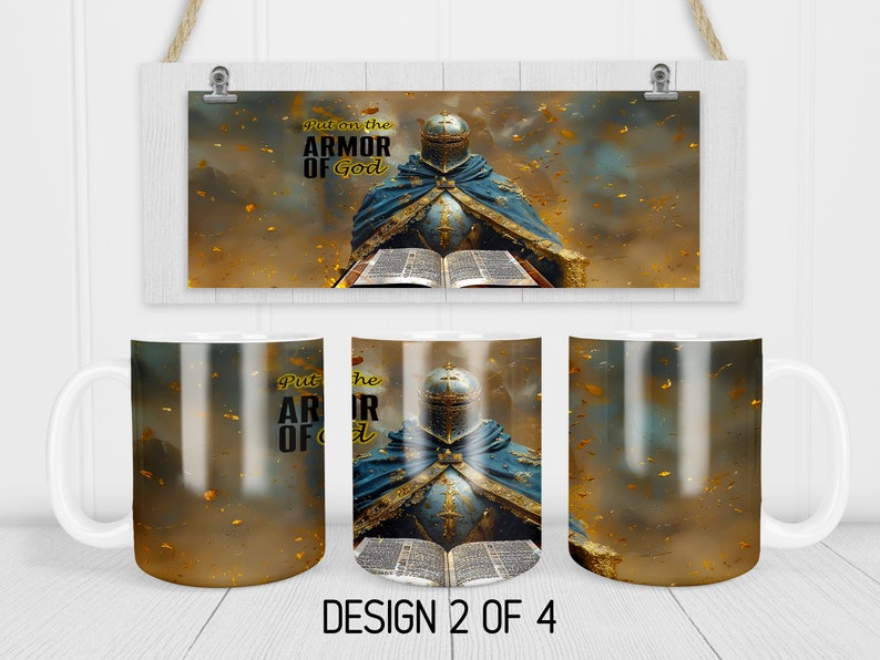 Peut inclure: Une tasse en c&eacute;ramique blanche avec un motif de chevalier en armure tenant un livre. L'arri&egrave;re-plan est brun dor&eacute; avec des paillettes dor&eacute;es. Le texte "Put on the Armor of God" est imprim&eacute; sur la tasse.