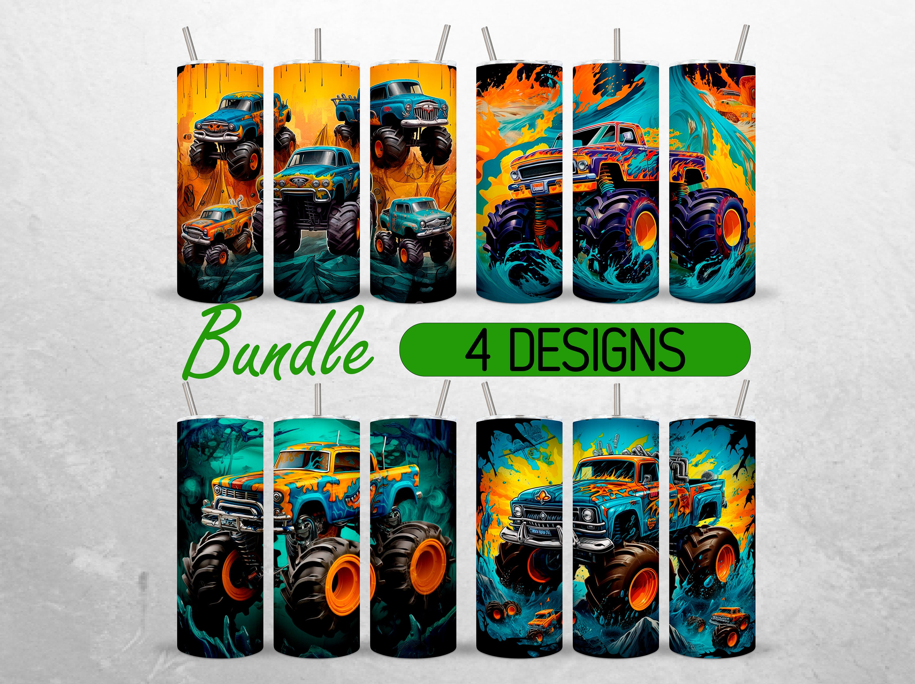 Monster Truck Tumbler Wrap for Kids  Children Truck Tumbler PNG Water Bottle Boys Tumbler Design +18 FREE 20oz Skinny Tumbler Sublimation