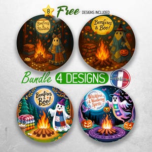 May include: A collection of four circular Halloween-themed designs. Each design features a bonfire, a ghost character, and the text "Bonfires & Boo!" or "Witchfires & Wandering Spirits." The designs include pumpkins and a starry night sky.