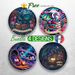 Book Lover Bookish Car Coaster PNG Bundle Book Dragon Coaster Sublimation Designs Just One More Chapter Coaster Designs