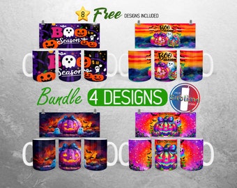 Pacchetto PNG di tazze Boo Season Mug Wrap, tazze rosa da 11 e 15 once di Halloween, design a sublimazione, fantasmi di zucca, design completi per tazze