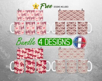 Coquette Bow Mug Wrap Bundle Hearts Coquette Mug PNG Design Love Girly Girl Full Mug Wrap | 11oz and 15oz Mug Sublimation