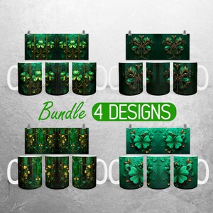 May include: Bundle of four green and gold shamrock themed coffee mugs. Each mug features a different design with a shamrock pattern.