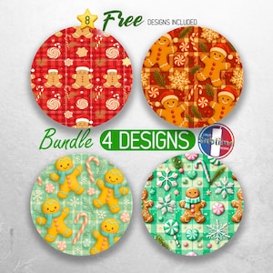 May include: Four circular designs featuring gingerbread men, candy canes, and snowflakes on red and green plaid backgrounds. The text "8 Free Designs Included" and "Bundle 4 Designs" are visible. A French logo is also present.
