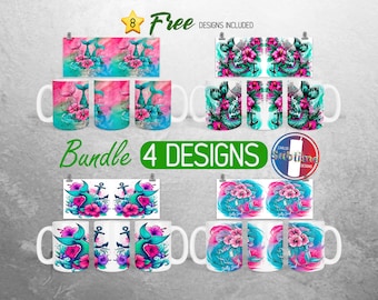 Mermaid Mug Wrap PNG Bundle Mermaid Tails Underwater 11oz and 15oz Mug Sublimation Design Anchor Ocean Mug Wrap Designs Full Mug Wrap