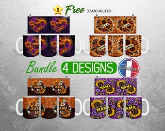 Trendy Mama Sunflower Mug Wrap Bundle Mother's Day Mug PNG Design Leopard Print Mama Full Mug Wrap | 11oz and 15oz Mug Sublimation
