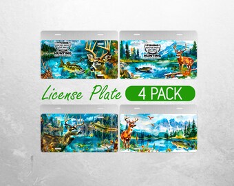Jagd-Fischerei-Kennzeichen PNG Sublimation, Outdoor Wildtier Hirsch Bass Grafik, Nummernschild-Design, Naturliebhaber Digitaler Download