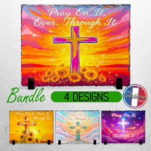 Puede incluir: Un conjunto de cuatro diseños de piedra decorativos con una cruz, girasoles y el texto "Pray On It, Over, Through It." Los diseños tienen una paleta de colores vibrantes de rosa, amarillo y naranja. La palabra "Bundle" y "4 Designs" también son visibles.