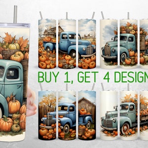 May include: Four designs of a blue vintage truck with a bed full of pumpkins and fall leaves. The text "BUY 1, GET 4 DESIGNS" is displayed below the images.