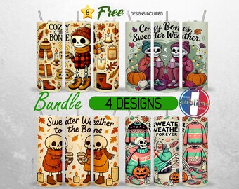 May include: A bundle of four tumbler designs with fall-themed illustrations. The designs feature skeleton characters in cozy autumn settings, with pumpkins, sweaters, and the text "Cozy Bones, Sweater Weather". The tumblers have a straw.