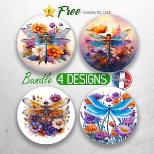 Colorful Dragonfly Car Coaster PNG Bundle Floral Dragonflies Coaster Png Sublimation Insect Flower Round Coasters PNG Designs Sublimation