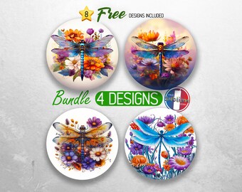 Kleurrijke libel auto-onderzetter PNG-bundel bloemen libellen onderzetter png-sublimatie insectenbloem ronde onderzetters png-ontwerpen sublimatie