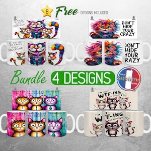Könnte beinhalten: Ein Bundle mit 8 Sublimationsdesigns mit bunten Comic-Katzen mit humorvollen Sprüchen. Die Designs beinhalten "Wenn du meine Familie triffst, wirst du verstehen", "Verstecke deine Verrücktheit nicht", "Tagestrinken hält die Dinge professionell" und "Ich bin einfach nur am WTF-ing durchs Leben".
