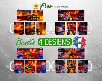 Super Hero Feuerwehrmann Becher Wrap Bundle Amerikanischer Feuerwehrmann Becher PNG Design Ersthelfer Full Mug Wrap | 11 Unzen und 15 Unzen Becher Sublimation