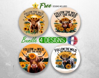 Highland Cow Car Coaster PNG Bundle Positive Affirmation Car Coaster Sublimation Designs Sunflower Motivational Car Coaster Designs