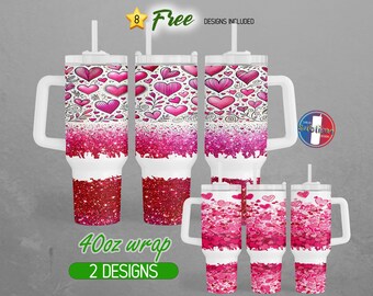 40oz Hearts Valentine Day 40oz Tumbler Wrap Pink Hearts 40oz Tumbler PNG Love Glitter 40oz Tumbler Design | 40oz Sublimation
