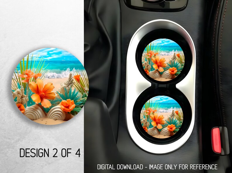 May include: Two round car coasters with a beach scene featuring orange flowers, green leaves, and white seashells on a sandy beach with blue water and white waves.  The coasters are in a car cup holder.