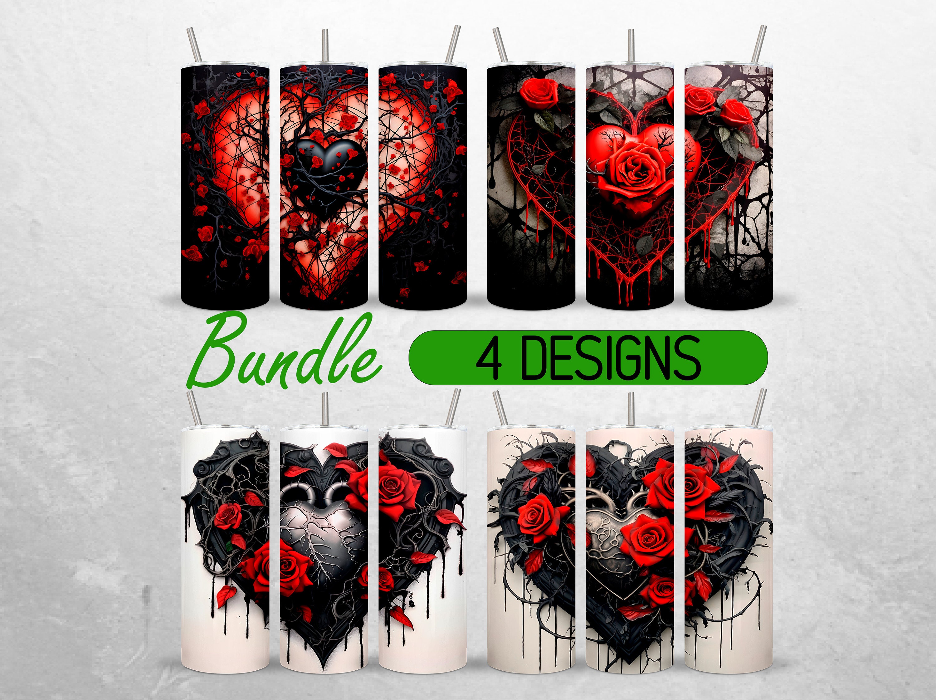 Vintage Heart Tumbler Wrap Gothic Love Tumbler PNG Red Roses Tumbler Wrap Bundle Sublimation +18 FREE Tumbler Designs 20oz Full Tumbler Wrap