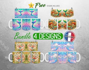 Mermaid Scale Mug Wrap Bundle Underwater Ocean Mug PNG Design Pastel Iridescent Beach Full Mug Wrap | 11oz and 15oz Mug Sublimation