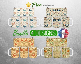 Cute Chicken Mug Wrap Bundle Country Folk Art Mug PNG Design Spring Farm Animals Full Mug Wrap | 11oz and 15oz Mug Sublimation