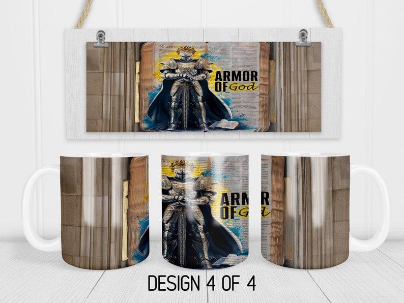 Peut inclure: Trois tasses en c&eacute;ramique blanche avec un motif repr&eacute;sentant un chevalier en armure tenant une &eacute;p&eacute;e. Le motif est sur fond de page de livre avec le texte "Armure de Dieu".