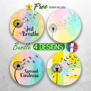 Just Breathe Car Coaster PNG Dragonflies Dandelion Car Coaster Sublimation Designs Positive Affirmation Car Coaster Designs Bundle