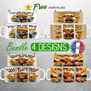Highland Cow Mug Wrap Bundle Positive Affirmation Mug PNG Design Sunflower Motivational Full Mug Wrap | 11oz and 15oz Mug Sublimation
