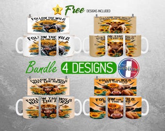 Highland Kuh Becher Wrap Bundle Positive Affirmation Becher PNG Design Sonnenblume Motivationsbecher Wrap | 11 Unzen und 15 Unzen Becher Sublimation