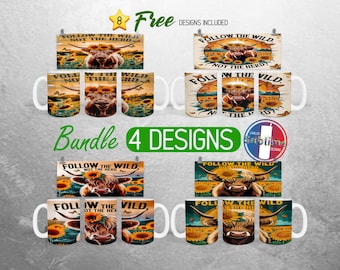 Highland Kuh Becher Wrap Bundle Positive Affirmation Becher PNG Design Sonnenblume Motivationsbecher Wrap | 11 Unzen und 15 Unzen Becher Sublimation