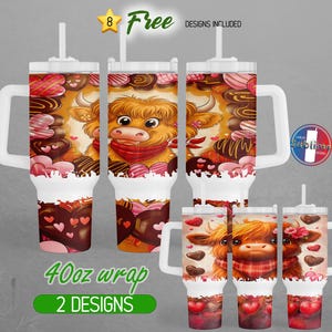40oz Highland Cow Valentine Chocolate Tumbler Wrap 40oz Valentines Day Baby Cow 40oz Tumbler PNG Design | 40oz Sublimation