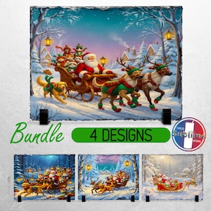May include: A festive Christmas scene featuring Santa Claus in a sleigh pulled by reindeer and dogs, with elves. The image is on a stone tile, with the word "Bundle" and "4 Designs" in green. The scene is set in a snowy winter landscape.