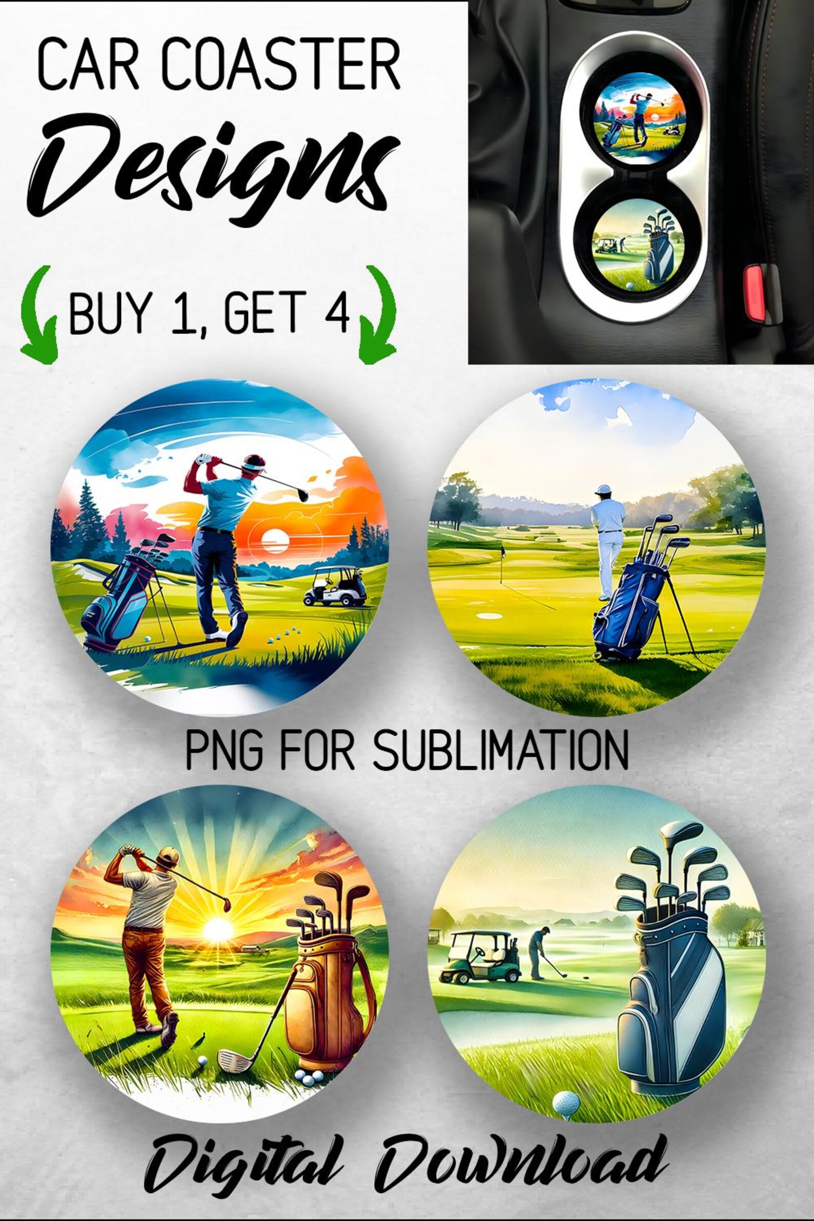 Golf Course Coaster Sunrise Golf Car Coaster PNG Bundle Golf Player Car Coaster Sublimation ...