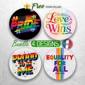 Pode incluir: Quatro botões redondos com designs de arco-íris e texto. Os botões apresentam as frases "#PRIDE", "Love Wins", "Proud to Be Me" e "Equality For All".