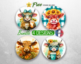 Sunflower Highland Cow Car Coaster PNG Bundle Baby Cow Coffee Coaster Png Sublimation Floral Cute Cow Round Coasters PNG Sublimation