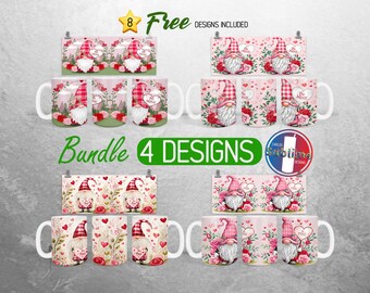 Valentine Gnome Mug Wrap Bundle Valentines Day Mug PNG Design Cute Gnome Full Mug Wrap | 11oz and 15oz Mug Sublimation