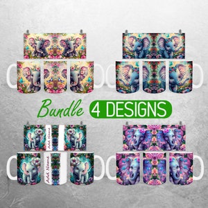 Floral Elephant Mug Wrap PNG Cute Baby Elephant 11oz and 15oz Mug Sublimation Design Add Name Mug Wrap Designs Full Mug Wrap Bundle Cup PNG