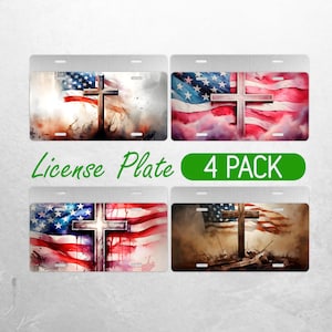 Christian Cross License Plate PNG American Flag License Plate Design Patriotic Religious Car License Plate Sublimation License Plate Bundle